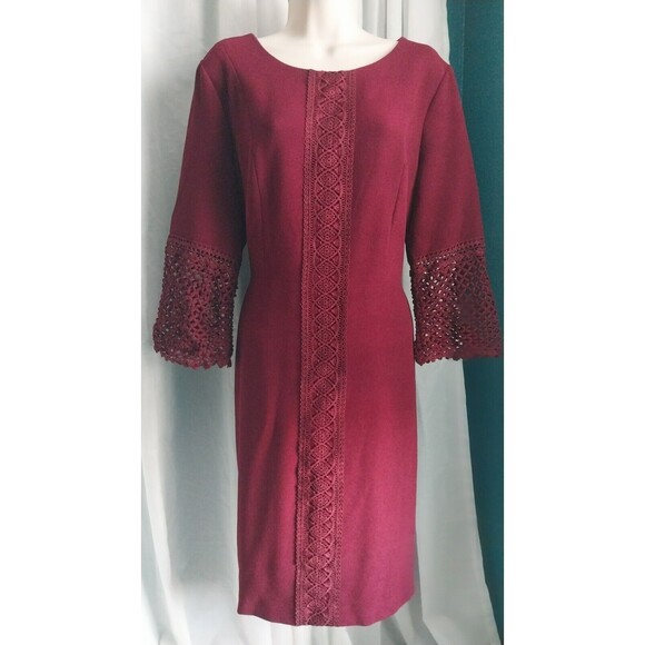 NWT Karl Lagerfeld Lace Embroidered Dres 10 Burgundy Knee Length 3/4 Sleeve - Picture 2 of 7